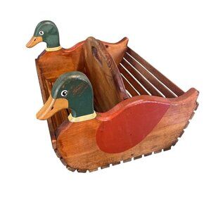 Vtg 18" Wooden Sawmill Critters Mallard Duck Slatted Wood Carry Basket Rustic Co